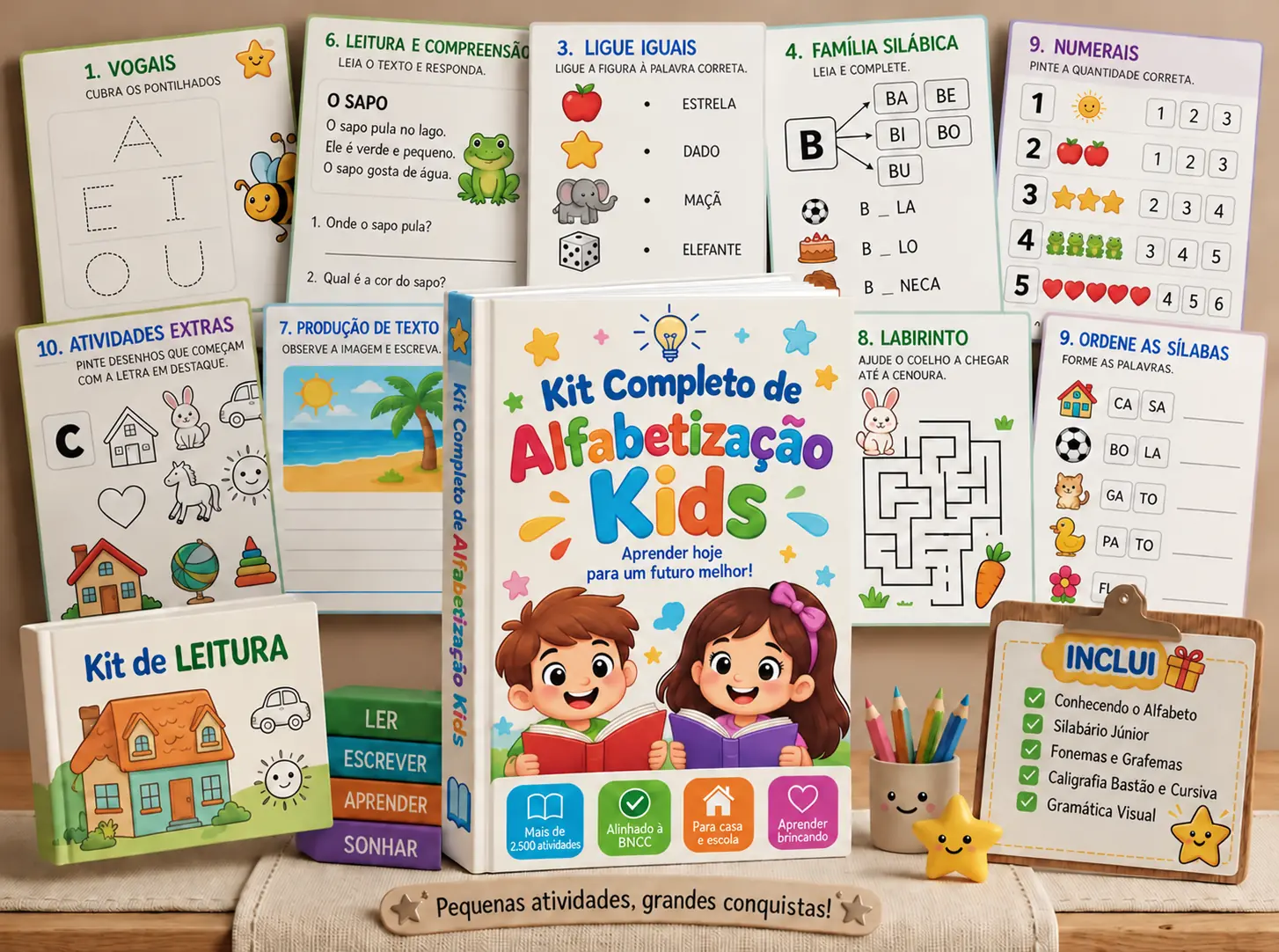 Kit Completo de Alfabetização e os cinco materiais complementares incluídos na oferta